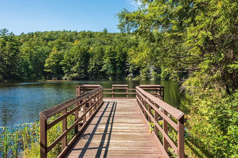 Wooden waterside platform in the saved Mashapaug Lake photo set; not a designated swimming entrance