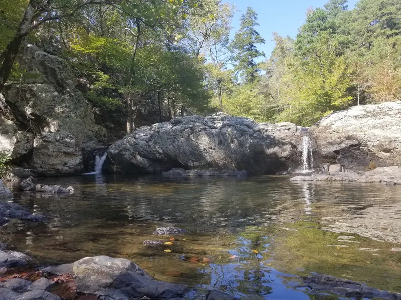 Two narrow cascades above a rock-framed pool in the Little Missouri Falls collection; separate waterfall context, not Albert Pike or a verified water entry