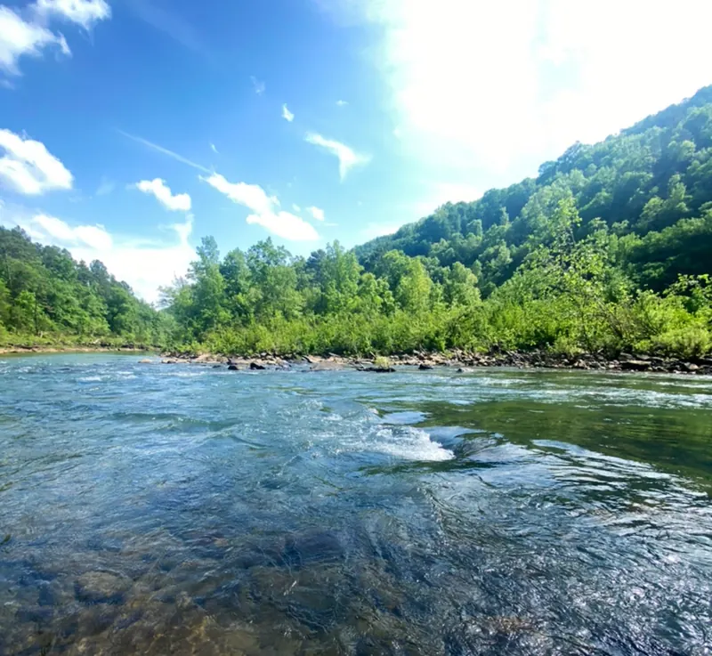 Flowing Big Piney Creek and wooded banks in the Long Pool photo collection; river scenery rather than a water-condition report