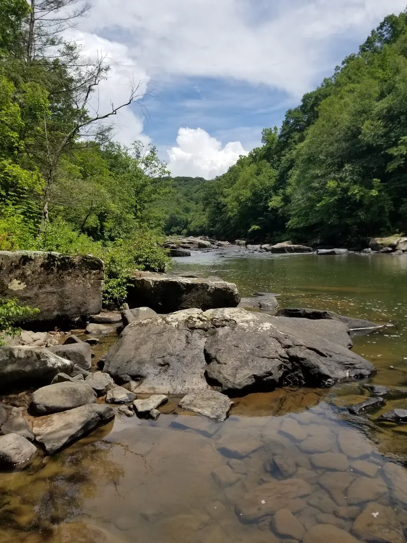Rock shelves and wooded banks in the Meadow River photo collection; regional scenery, not a confirmed Bubbie Hole location