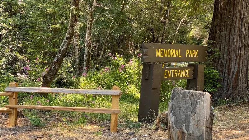 Memorial Park entrance sign surrounded by woodland
