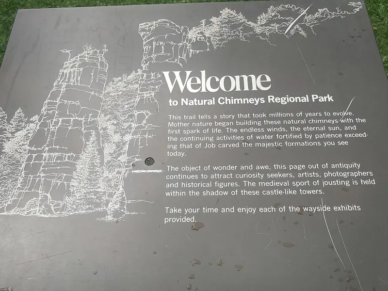 Welcome and interpretation panel naming Natural Chimneys Regional Park, not current river access rules