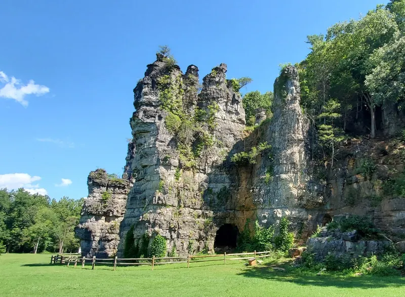 Rock towers and a wooden fence at Natural Chimneys Park, not the river swimming area
