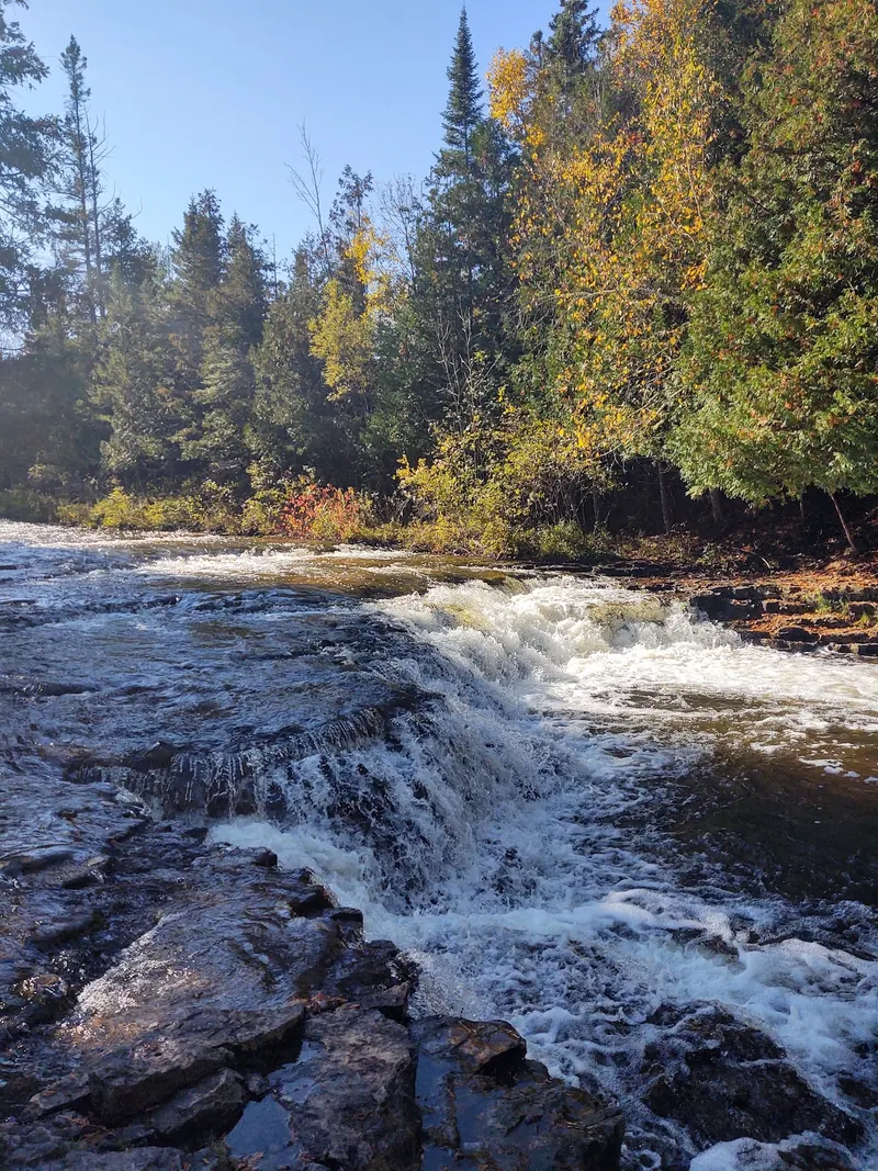 Close view of Ocqueoc Falls cascading over rock shelves beside autumn trees