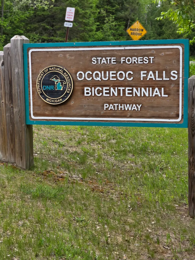Michigan DNR entrance sign for the Ocqueoc Falls Bicentennial Pathway