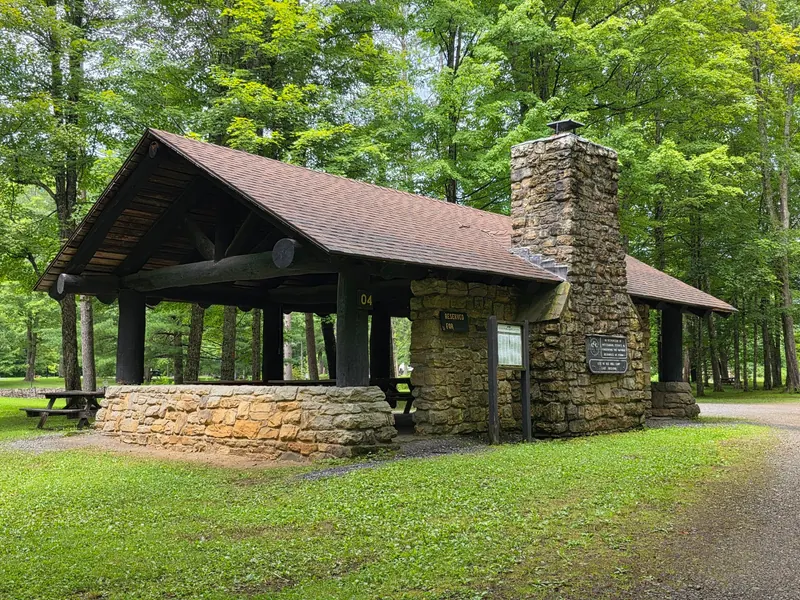Stone-and-timber picnic pavilion with a chimney in the Ole Bull State Park collection