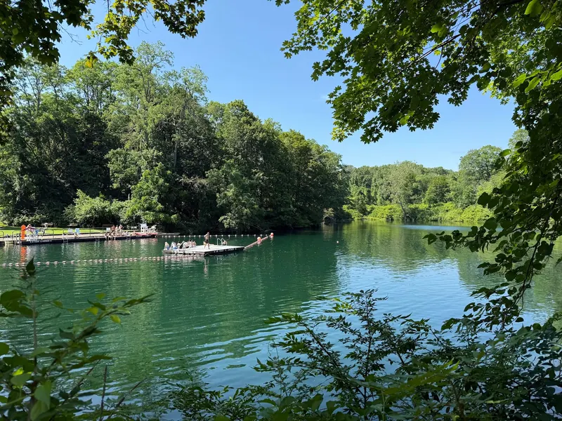 Ore Pit Pond swimming docks and buoy lines viewed across the water beneath overhanging leaves