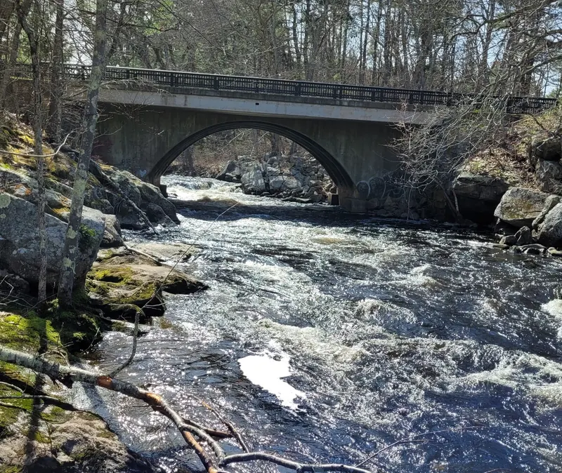 Concrete arch bridge above moving Lamprey River water in the Packers Falls collection; bridge context, not a jumping location
