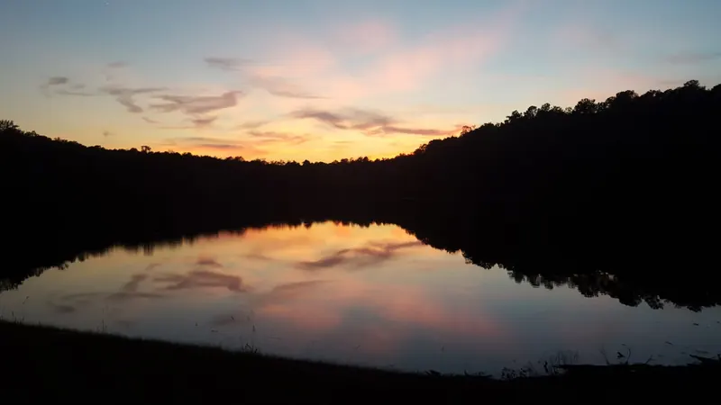 Orange sunset reflected in lake water beneath a dark wooded skyline in the Parsons Mountain Lake Campground collection