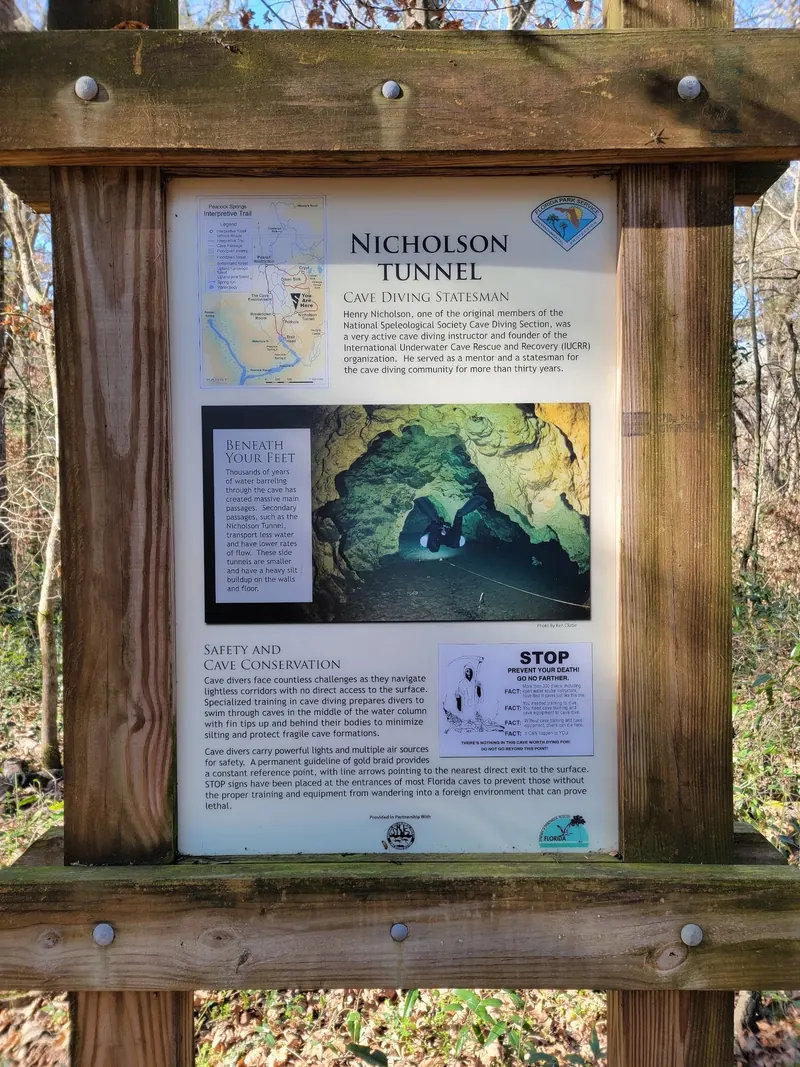 Nicholson Tunnel interpretive trail panel with cave-diving safety information at Peacock Springs; not a route guide or diving instruction