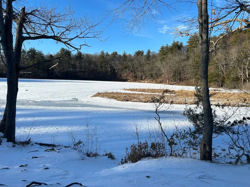 Snow-covered Puffer's Pond and wooded banks in winter; historical scenery, not an ice-safety assessment