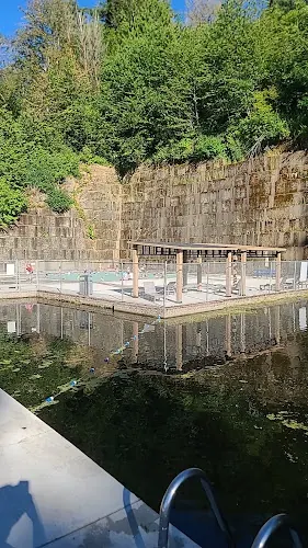 Pool ladder, buoy line and fenced deck beneath sandstone quarry walls at Tenino Quarry Pool