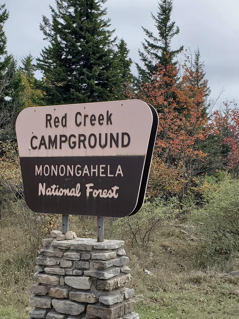 Red Creek Campground entrance sign in Monongahela National Forest; a separate facility, not a swimming entrance
