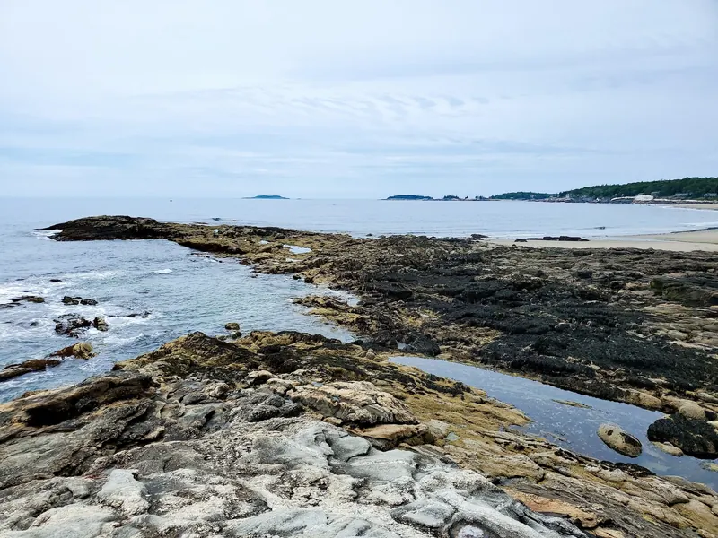 Historical coastal ledges and sandy shoreline in the saved Reid State Park collection