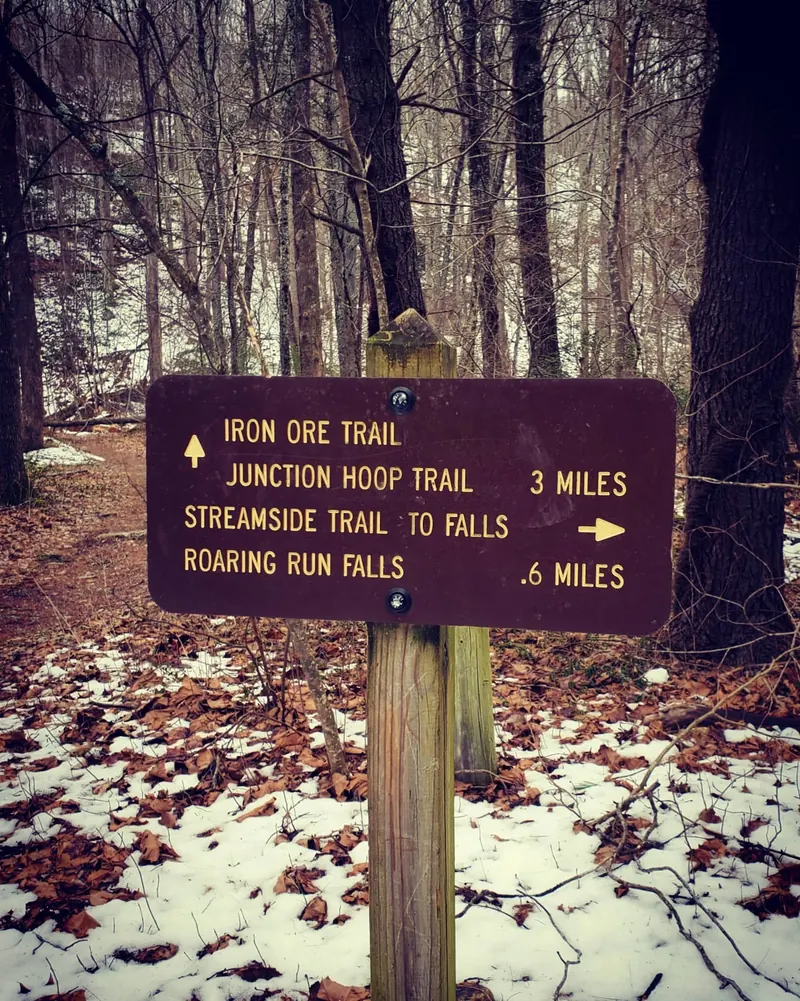 Woodland junction sign pointing toward Streamside Trail and Roaring Run Falls, shown as historical wayfinding context