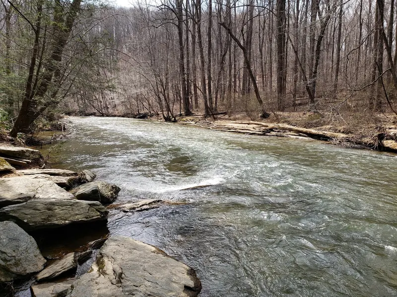 River flowing past a rocky bank and leafless woodland at Rocks State Park