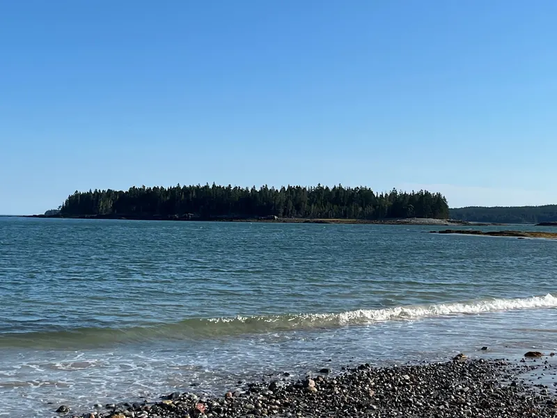 Small waves on a pebble shore with a wooded island beyond in the Roque Bluffs collection; historical coastal view, not evidence of island access