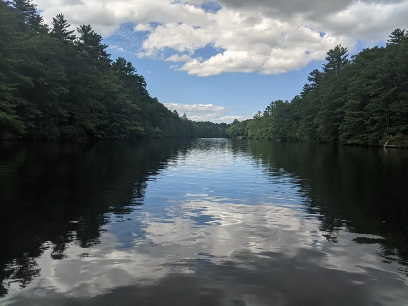 Wooded banks reflected in the Saco River in the Salmon Falls photo collection