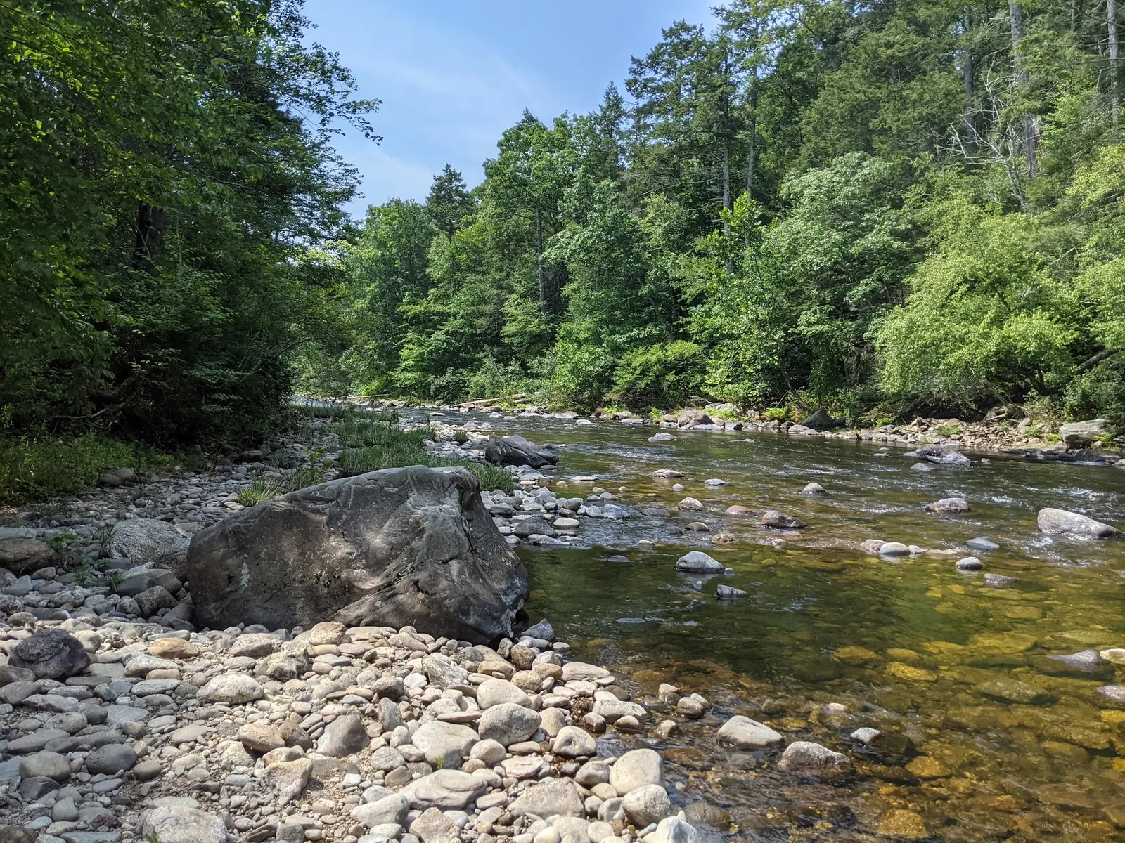Rocky Salmon River water flowing between wooded banks in Connecticut