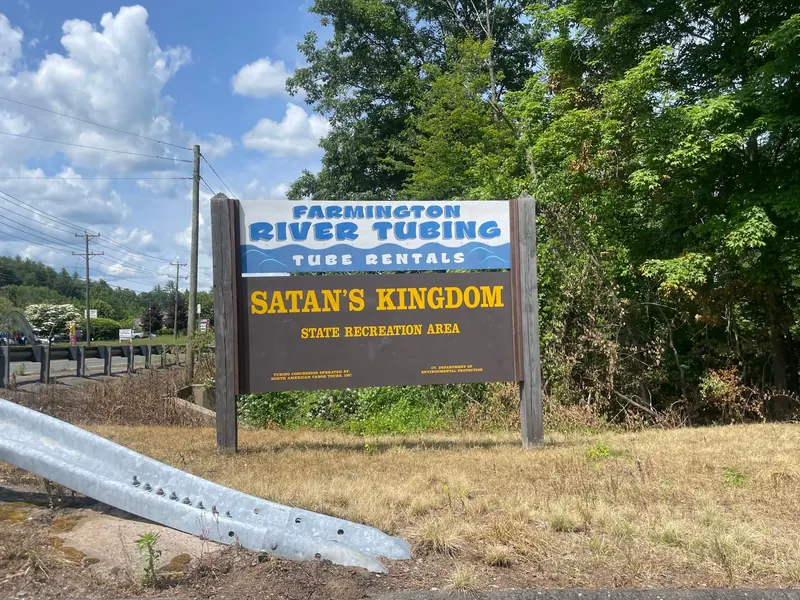 Satan's Kingdom State Recreation Area and Farmington River Tubing entrance sign