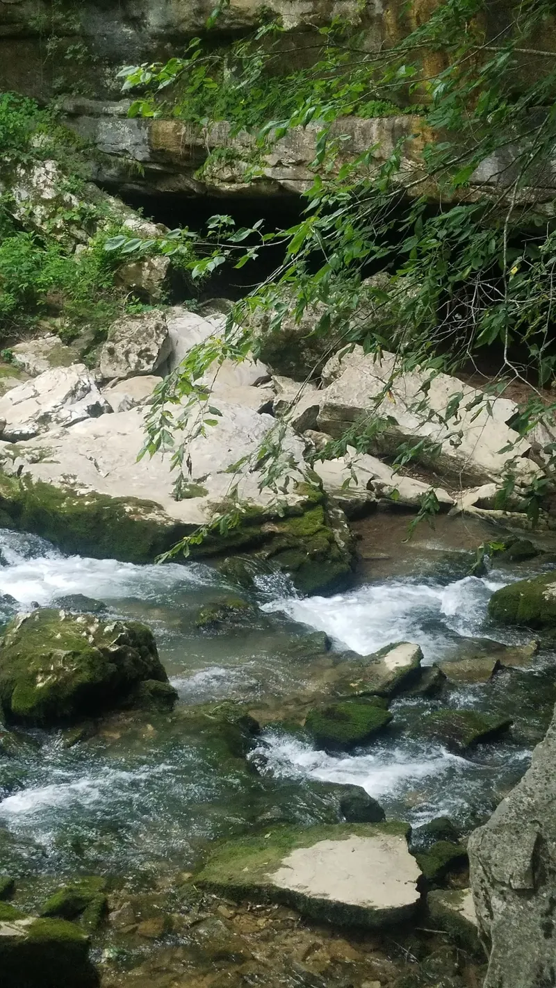 Short Creek flowing past rocks beside a limestone opening