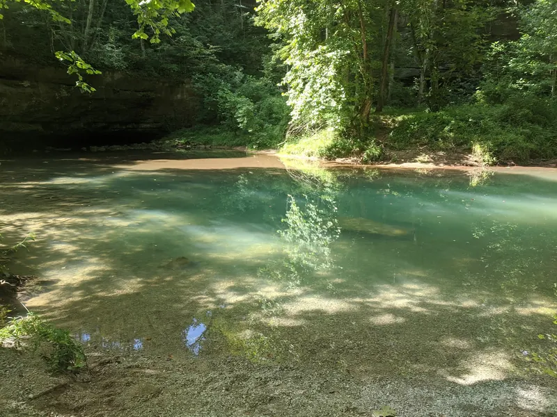 Wooded pool and low limestone ledge at Short Creek in Kentucky