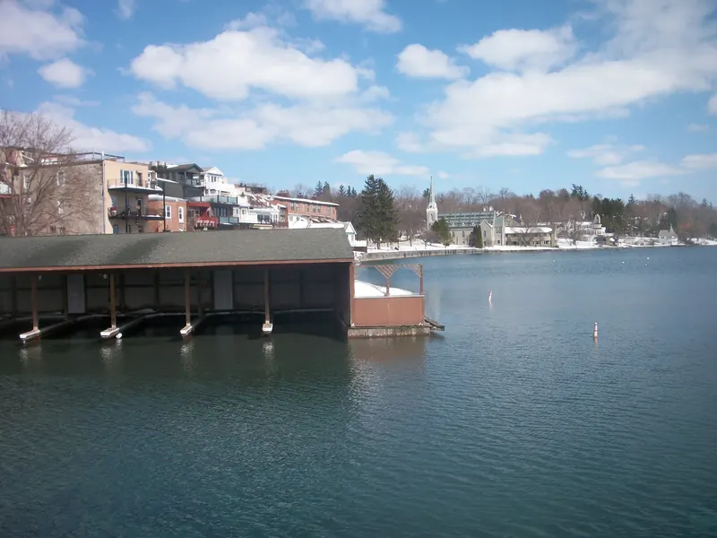 Winter lake view toward Skaneateles village buildings and church, not a verified swim entrance