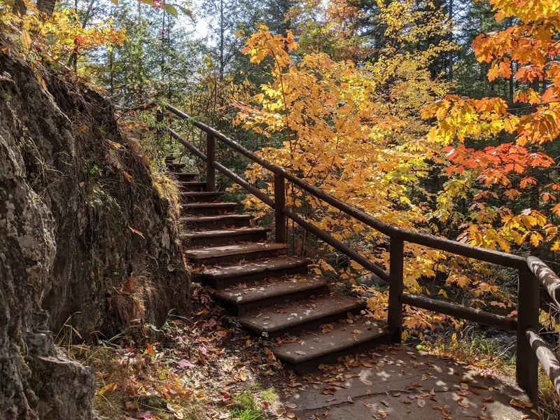 Wooden-edged steps and a handrail beside autumn foliage in the Smalls Falls collection
