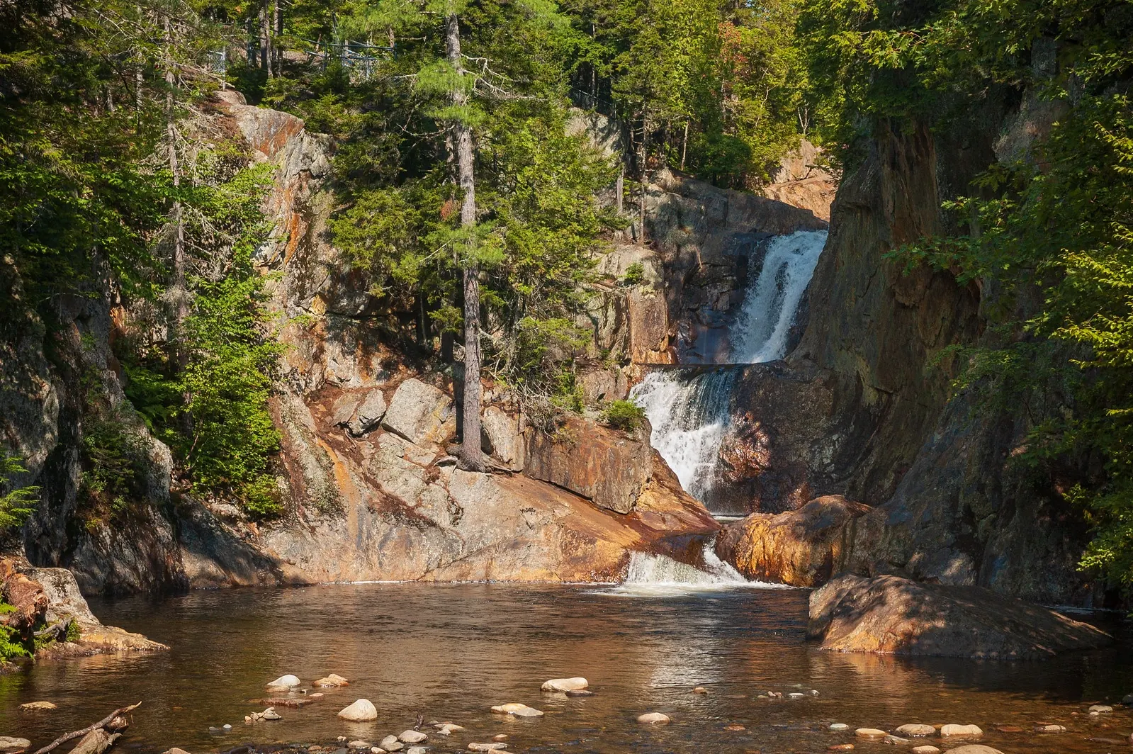 Tiered waterfall descending through a wooded rock gorge at Smalls Falls, Maine