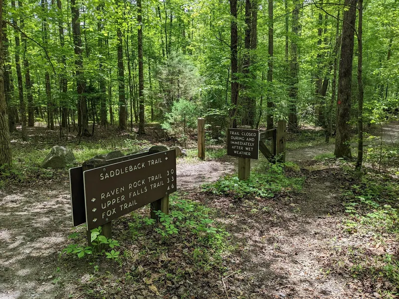 Historical woodland trail junction with named-route and wet-weather closure signs in the South Mountains State Park collection
