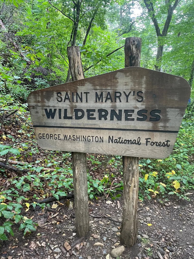 Saint Mary's Wilderness sign identifying George Washington National Forest