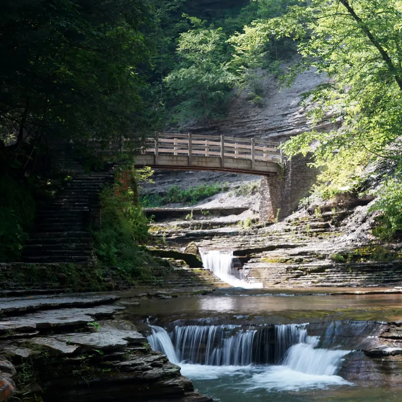 Stone bridge and stream beside a wooded Stony Brook State Park path