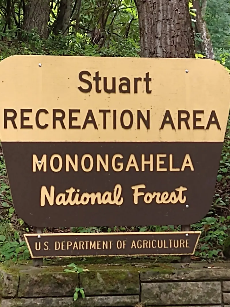 Stuart Recreation Area entrance sign for Monongahela National Forest