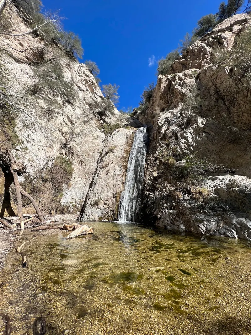 A waterfall descending between rocky canyon walls in the Switzer Falls setting