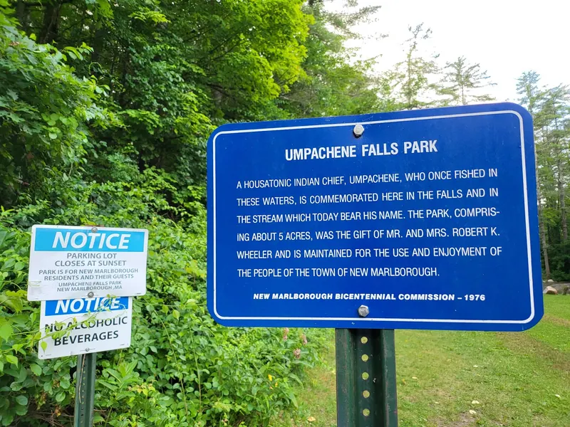 Umpachene Falls Park identity sign and historical notice restricting access to residents and guests