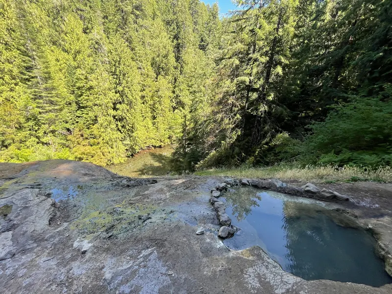 Empty rock-bordered soaking pool overlooking woodland at Umpqua Hot Springs
