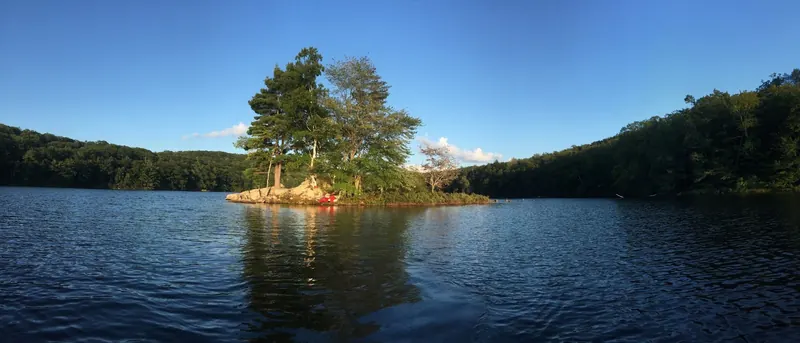 Historical wooded island and surrounding water in the saved Upper Goose Pond collection, not a recommended island swim