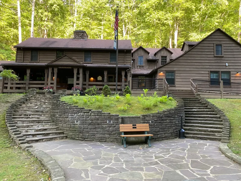 Watoga State Park headquarters with stone steps, shown for park context rather than river entry